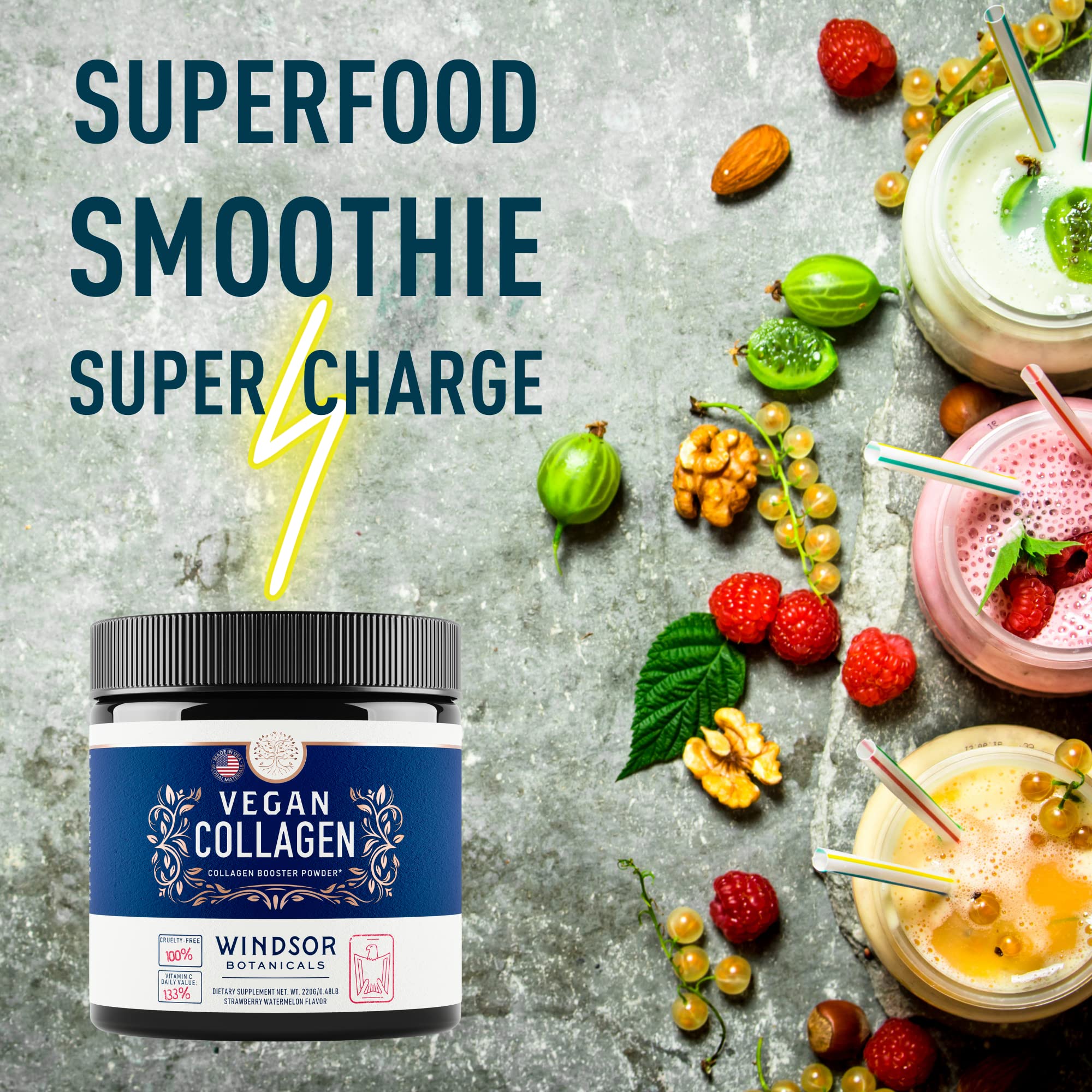 Vegan Collagen Powder Windsor Botanicals Smoothies Strawberry Watermelon 30 Servings (7544849629422)